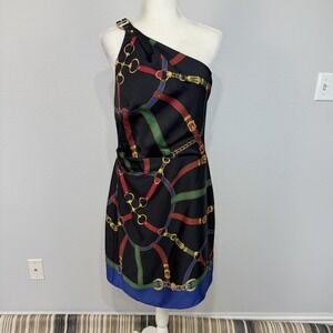 Lauren Ralph Lauren Dress‎ Women's 14 Black One Shoulder Chain Print Equestrian